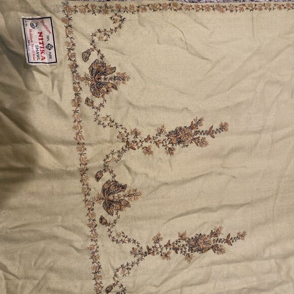 Nitika Embroidered Shawl Shinham SSI Handmade Floral Tan Raw Hem 81x39 Scarf - Picture 3 of 9
